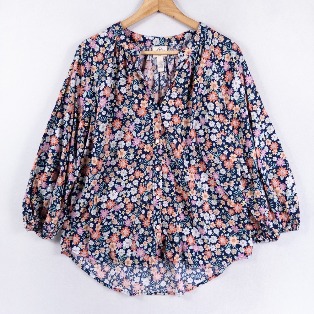 St John's Bay Womens Blouse Large Navy Blue Floral Button Up Cottagecore Boho